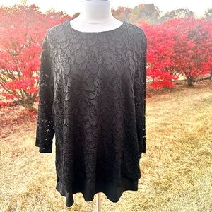 J Jill Wearever Women’s Blouse Black Floral Lace Overlay Quarter Sleeve